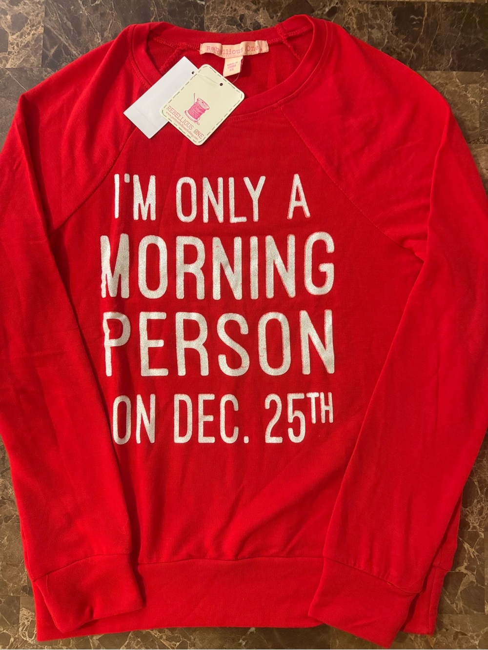 Rebellious One Red Long-Sleeve Crewneck with White Holiday Text